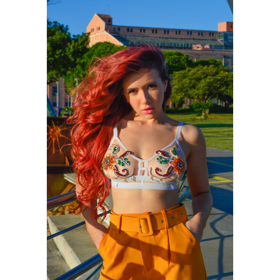 Top sem bojo _ Top de Tule Bordado _ Glamour Night ORANGE